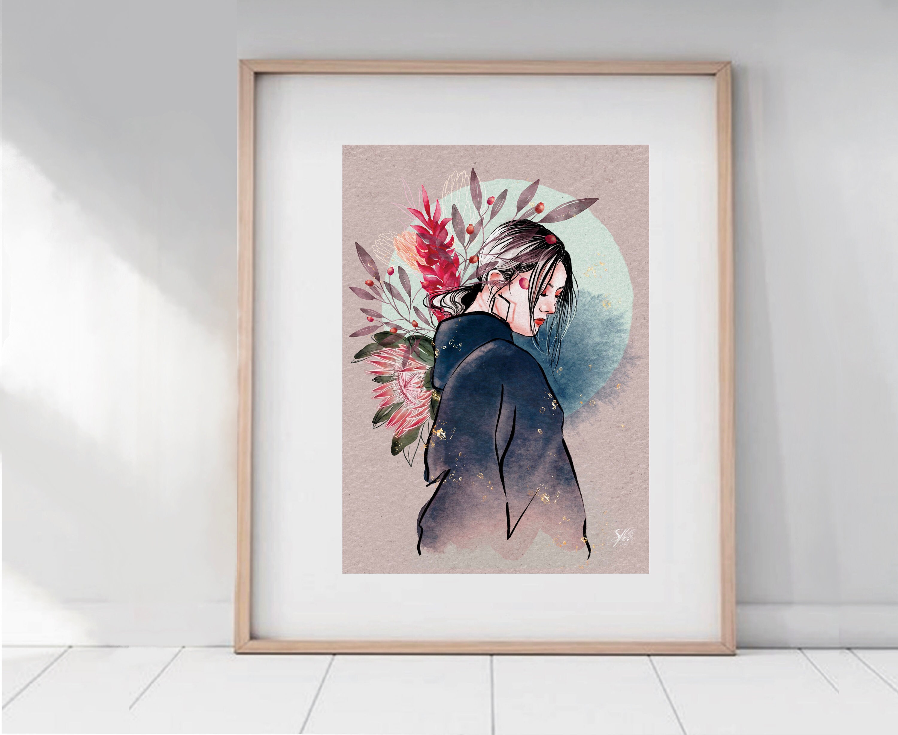 Affiche Portrait de Femme Style Epuré Encre Chine Collection Pink Corail