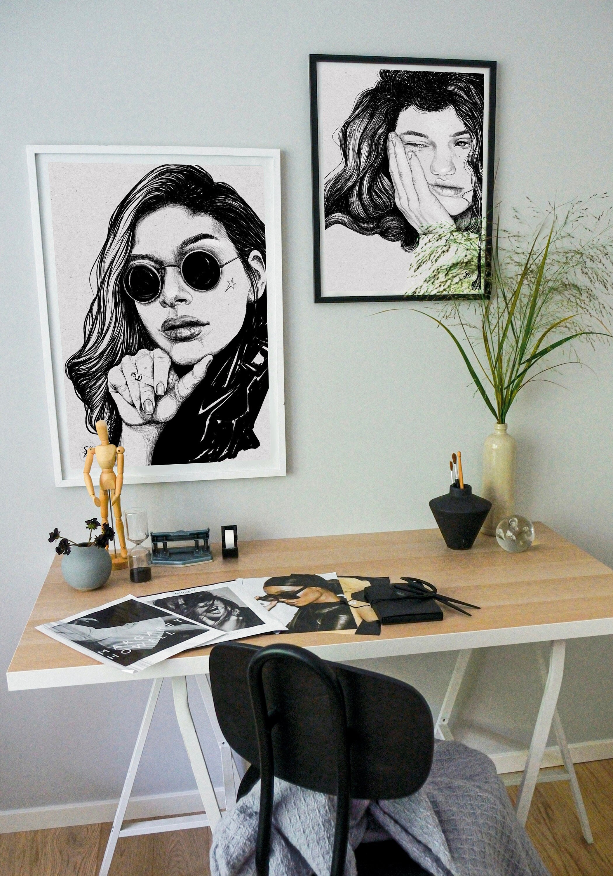 Affiche Décoration Murale Portrait de Femme Dessin Graphique Minimaliste Encre Chine