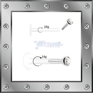 May include: Two surgical steel body jewelry pieces with clear gem tops. The top piece is 16 gauge and the bottom piece is 14 gauge.