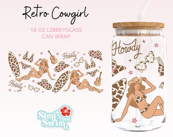 Bicchiere da cowgirl retrò in vetro - Design clipart estivo western rosa da 16 once (PNG, SVG, DXF)