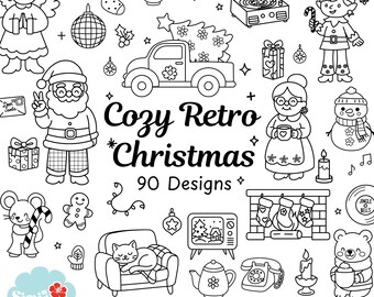Retro Christmas Clipart Bundle | 90 Vintage Holiday Illustrations (svg, png, jpg, eps, dxf)