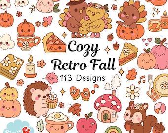 Pacchetto di clipart autunnali retrò / Animali autunnali kawaii, Ringraziamento (SVG PNG)