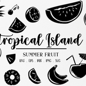 Elementos de frutas de la isla tropical, svg, svg exótico, svg de piña, svg de sandía, svg de coco, svg de cerezas, svg de verano,