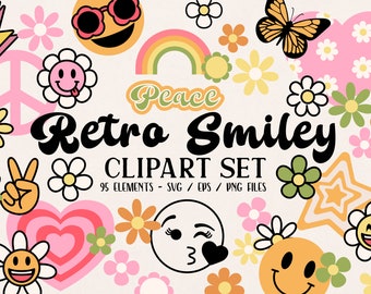 Clipart di faccine sorridenti retrò: grafica boho hippie (SVG, PNG, EPS)