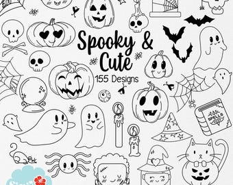Spooky Cute Halloween Black Lined Clipart svg | Spooky svg clipart | Halloween svg | Kids clipart | Autumn svg | Clipart Bundle