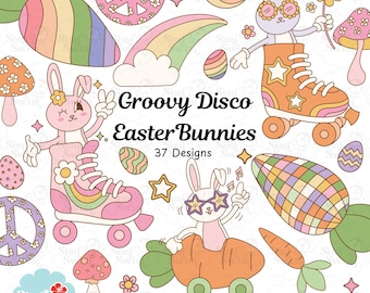 Retro Disco Bunny Clipart: 70s Groovy Easter Designs (PNG, SVG, EPS)
