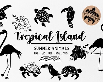 Animali tropicali SVG: fenicottero, tartaruga marina, tucano (download digitale)