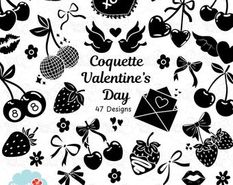Coquette Valentine's Clipart Set - Black Silhouette Cherries | Strawberries Bows | SVG DXF