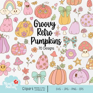 Puede incluir: Una colección de diseños de calabazas retro groovy en varios colores, incluyendo rosa, naranja y amarillo. La imagen presenta calabazas con patrones florales, lazos y caras sonrientes, junto con otros elementos temáticos de otoño. El texto dice "Groovy Retro Pumpkins" y "70 Designs."