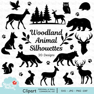 May include: Black silhouettes of woodland animals such as deer, bear, fox, owl, and squirrel. The image features the text "Woodland Animal Silhouettes" and "20 Designs". The clipart is available in SVG, JPG, PNG, and DXF formats.