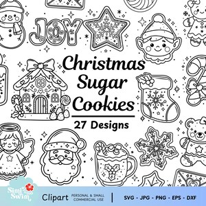 Könnte beinhalten: Schwarz-Weiß-Illustrationen von Weihnachtszuckerplätzchen in verschiedenen Formen, darunter ein Lebkuchenhaus, ein Stern, ein Elf, ein Strumpf und der Weihnachtsmann. Der Text "Christmas Sugar Cookies" und "27 Designs" ist ebenfalls vorhanden.
