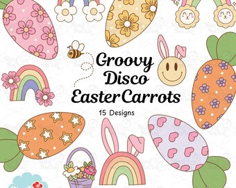 Clipart retrò di carote pasquali: grafica primaverile anni '70 (SVG, PNG, EPS)
