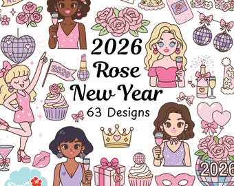 Clipart di Capodanno rosa 2026 - 63 grafiche per feste rosa • PNG SVG
