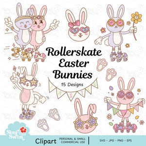 Retro 70s Easter Bunny Clipart: Disco Rollerskating SVG Bundle