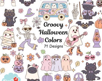 Groovy Halloween Clipart: Retro Kawaii Ghosts, Skeletons (SVG, PNG, EPS)