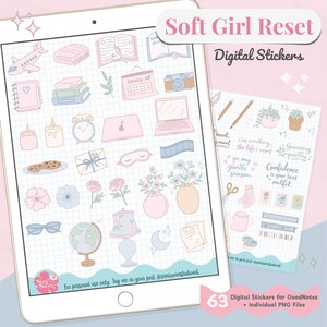 Könnte beinhalten: Digitale Aufkleber für GoodNotes mit einer Soft-Girl-Ästhetik. Die Aufkleber enthalten Illustrationen eines Laptops, Blumen, einer Kamera und inspirierenden Zitaten. Der Text auf dem Bild lautet "Soft Girl Reset" und "Digital Stickers".