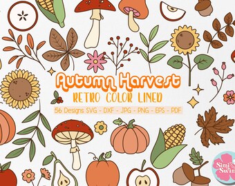 Clipart retrò con scarabocchi del raccolto autunnale: zucca, girasole, foglie (SVG, PDF, PNG)