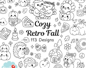 Pacchetto di clipart autunnali retrò: animali kawaii del Ringraziamento (SVG PNG DXF)