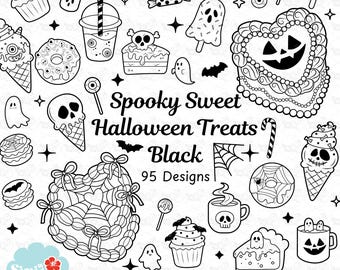 Spooky Sweet Halloween Treats Clipart | 95 Black Line Designs | SVG PNG EPS