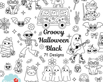Retro Halloween Clipart Bundle: 71 Groovy Line Art Graphics (SVG, PNG, JPG)
