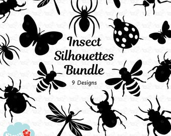 Pacchetto di clipart di sagome di insetti: farfalla, scarabeo, libellula SVG PNG JPG (download digitale)