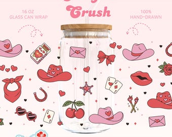 Cowgirl Crush Glass Tumbler Wrap for Libbey – PNG SVG | Valentine Western Design | 16oz Glass