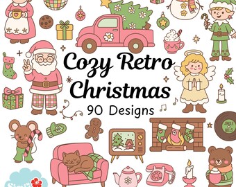Retro Christmas Clipart Bundle | Vintage Santa, Cozy Holiday Graphics (PNG, SVG)