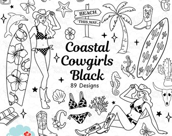 Coastal Cowgirls Black Line Digital Clipart Collection – 89 SVG, PNG, EPS
