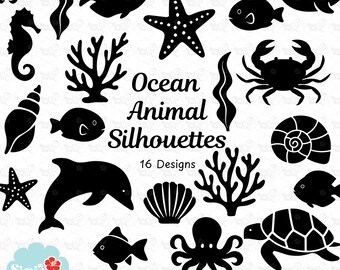 Sea Creature Silhouette Clipart Bundle: Ocean Animals SVG PNG DXF