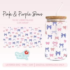 Pink & Purple Bows 16oz Glass Can Tumbler Wrap for Libbey – PNG, SVG, DXF