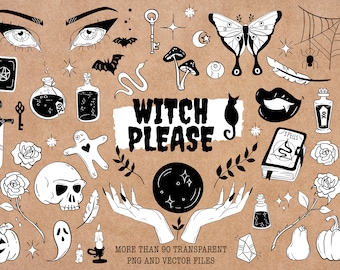 Witch Please Witchcraft and Spooky Illustrations, Clip Art, Digital Stickers, Hand-drawn Halloween Elements, Party Decor, Party, SVG & PNG