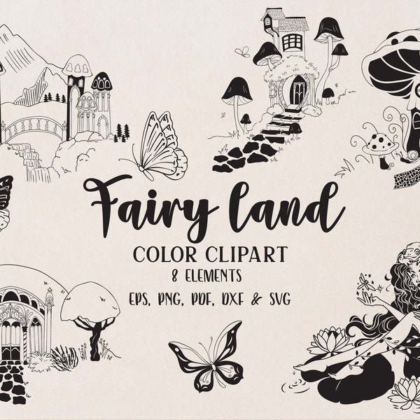 Fairy Land Cartography Black Silhouettes, Boho Fairy SVG Bundle, Boho Floral PNG, Cottage Core, Woodland EPS, Vector Graphics