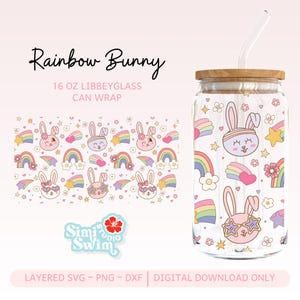 Emballage de gobelet lapin arc-en-ciel PNG SVG DXF – emballage en verre de 16 oz, conception de tasse de Pâques Kawaii pastel, emballage de lapin étoile filante, téléchargement numérique