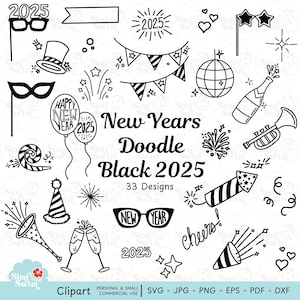 Doodle nouvel an 2025 svg | Clipart svg célébration | Svg du Nouvel An | Clipart vacances | Contour noir svg | Griffonnage |