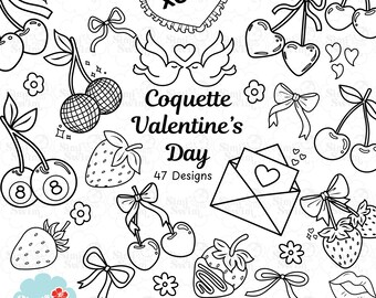 Coquette Valentine's Clipart Set - Outline Cherries | Strawberries Bows | SVG PNG
