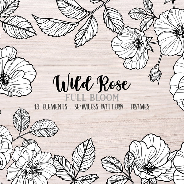 Vector Wild Rose Clipart, Black and White, Rosehip Clip Art, Dogrose, Flower Wedding Invitations, Wild flower