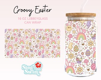 Groovy Easter Tumbler Wrap: design retrò boho con coniglietto (digitale)