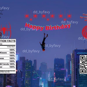 Peut inclure: Une illustration num&eacute;rique d'une personne v&ecirc;tue d'un costume noir et rouge tombant dans les airs devant un horizon urbain. Le texte "Happy Birthday" est &eacute;crit en lettres rouges et blanches. Il y a plusieurs toiles d'araign&eacute;es rouges et des araign&eacute;es en arri&egrave;re-plan. Le texte "Thank you for celebrating with me" est &eacute;crit dans le coin sup&eacute;rieur droit. Le texte "dd_byfavy" appara&icirc;t plusieurs fois dans l'image.