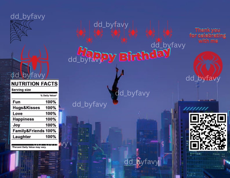 Peut inclure: Une illustration num&eacute;rique d'une personne v&ecirc;tue d'un costume noir et rouge tombant dans les airs devant un horizon urbain. Le texte "Happy Birthday" est &eacute;crit en lettres rouges et blanches. Il y a plusieurs toiles d'araign&eacute;es rouges et des araign&eacute;es en arri&egrave;re-plan. Le texte "Thank you for celebrating with me" est &eacute;crit dans le coin sup&eacute;rieur droit. Le texte "dd_byfavy" appara&icirc;t plusieurs fois dans l'image.