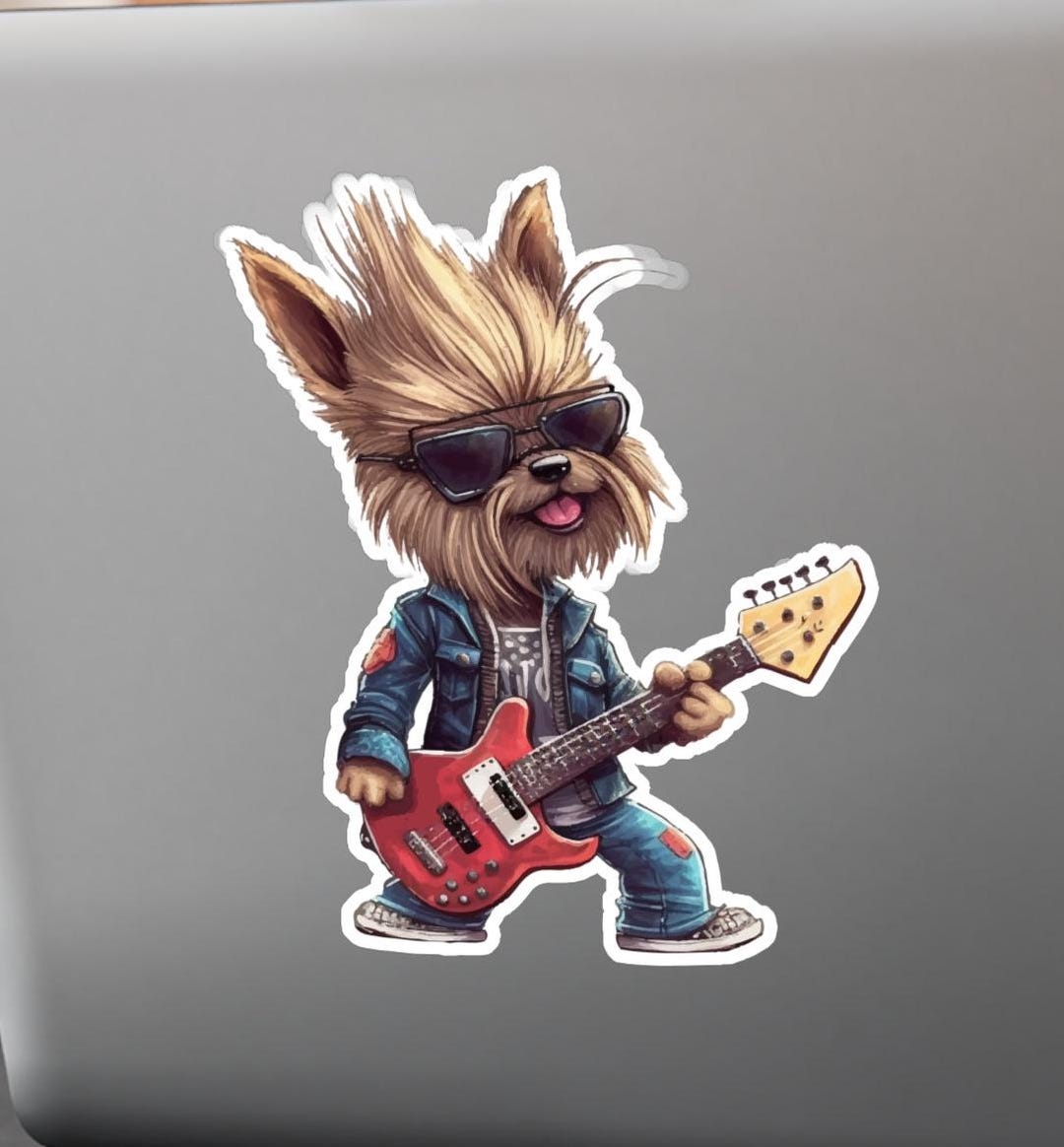 Yorkie / Yorkshire Terrier Playing Electric Guitar Vinyl Sticker