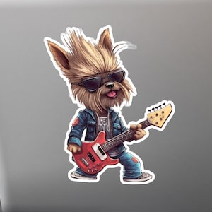 Yorkie / Yorkshire Terrier Playing Electric Guitar Vinyl Sticker