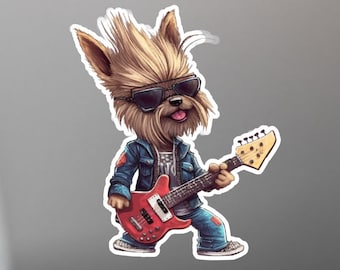 Yorkie / Yorkshire Terrier Playing Electric Guitar Vinyl Sticker
