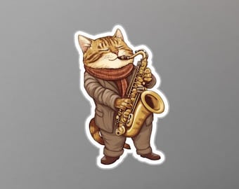 Vinyl Aufkleber Katze / Kätzchen spielt Saxophon / Saxophone / Aufkleber - 4 Größen - lustige Katze - Orchester - Band - Musik - Jazz