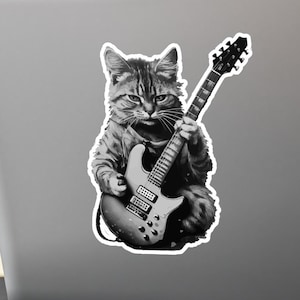 Grouchy Cat playing electric guitar vinyl sticker / decal - 6 sizes / Rockstar / funny guitar player monochrome sticker
