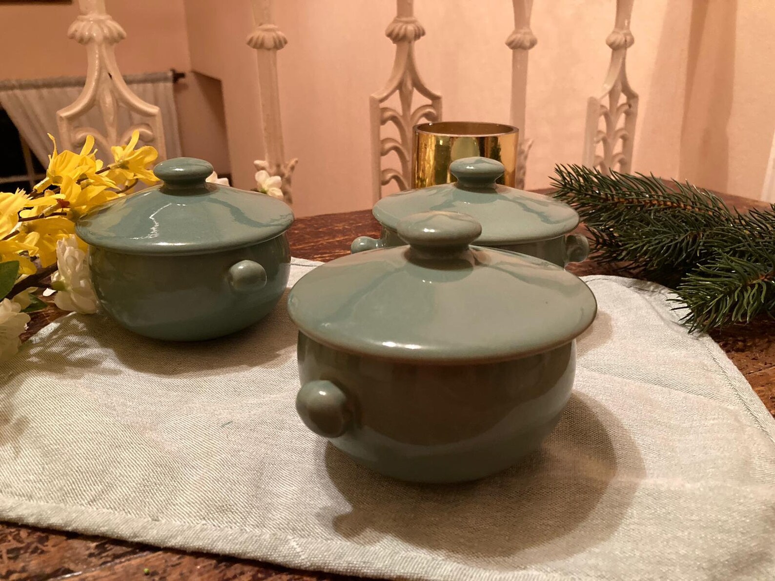 3 Denby Stoneware Handled Soup Bowls Manor Green Collection Etsy