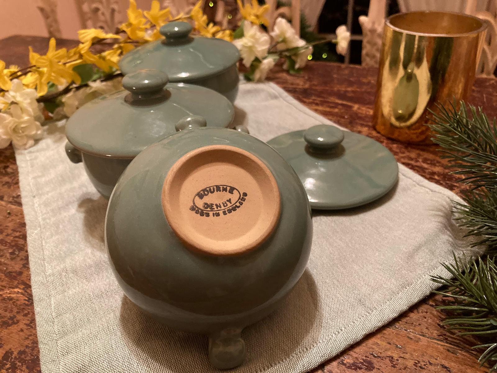 3 Denby Stoneware Handled Soup Bowls Manor Green Collection Etsy