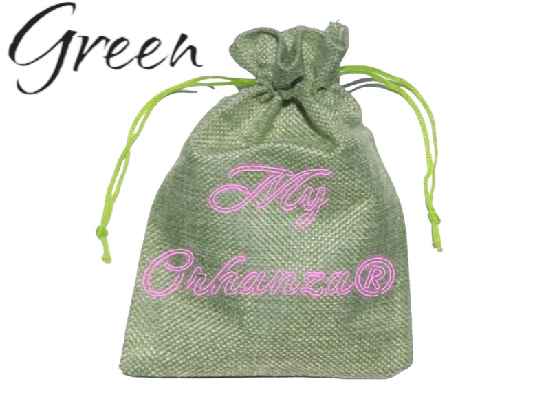 May include: A green burlap drawstring bag with the text "My Orhanza&reg;" in pink lettering.