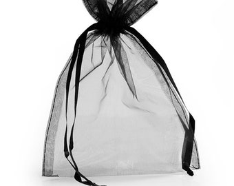 May include: A black sheer organza gift bag with black ribbon ties. The bag is empty and ready to be filled with a gift.