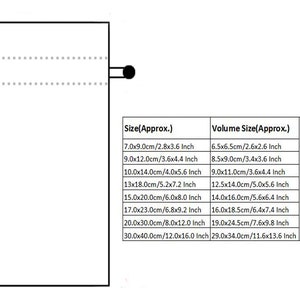 May include: A chart showing the size and volume of different sized pouches. The chart shows the size in both centimeters and inches. The chart also includes a note that the size may vary slightly from the stated measurements.