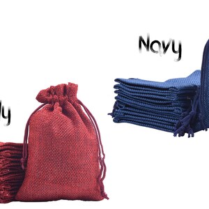 May include: A stack of 10 burgundy and 10 navy blue burlap drawstring pouches. The pouches are made of natural burlap fabric and have a drawstring closure. The pouches are perfect for packaging small gifts, jewelry, or other small items.